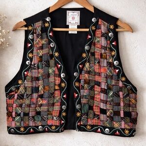 Vintage JouJou Patchwork Boho Vest 90s Basket Weave Ribbon Indie Festival Large